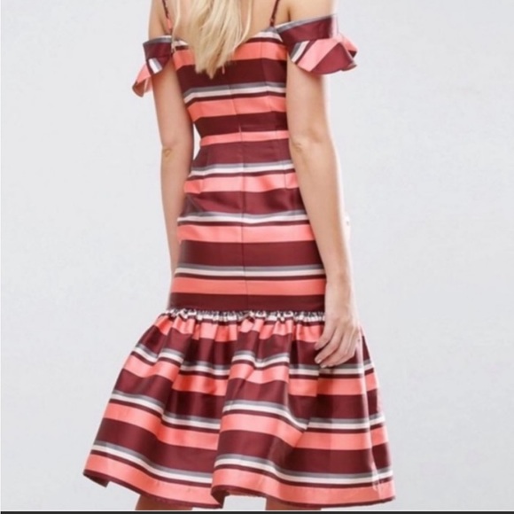 ASOS Pink, Dark Mauve, White & Grey Striped Ruffle Dress - Picture 3 of 16